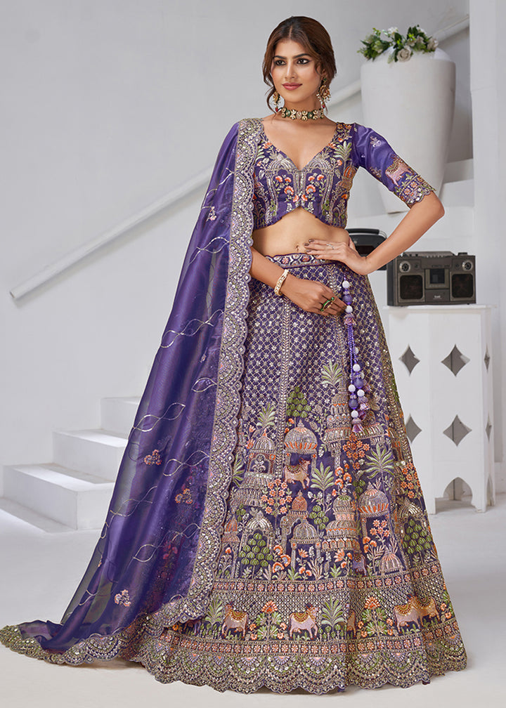 Buy Now Purple Temple & Cow Motifs Bridal Lehenga Choli Online in US, UK, Canada, France, Germany, Sweden, Denmark, Greece, Ireland & Worldwide at Empress.