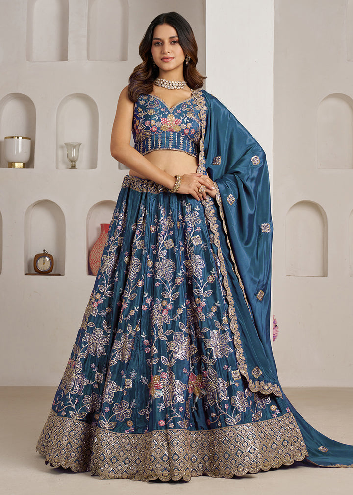 Buy Now Stylish Blue Lehenga Choli with Rich Golden Floral Craftsmanship Online in US, UK, Canada, France, Italy, Greece, Sweden, UAE &amp; Worldwide at Empress.