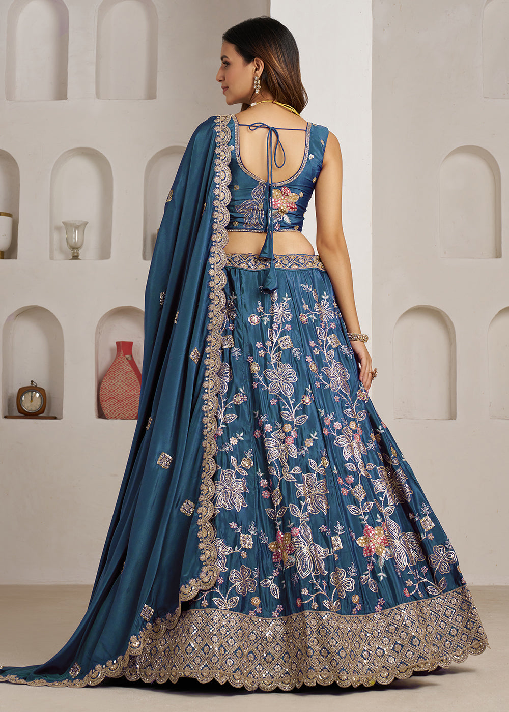 Buy Now Stylish Blue Lehenga Choli with Rich Golden Floral Craftsmanship Online in US, UK, Canada, France, Italy, Greece, Sweden, UAE &amp; Worldwide at Empress.