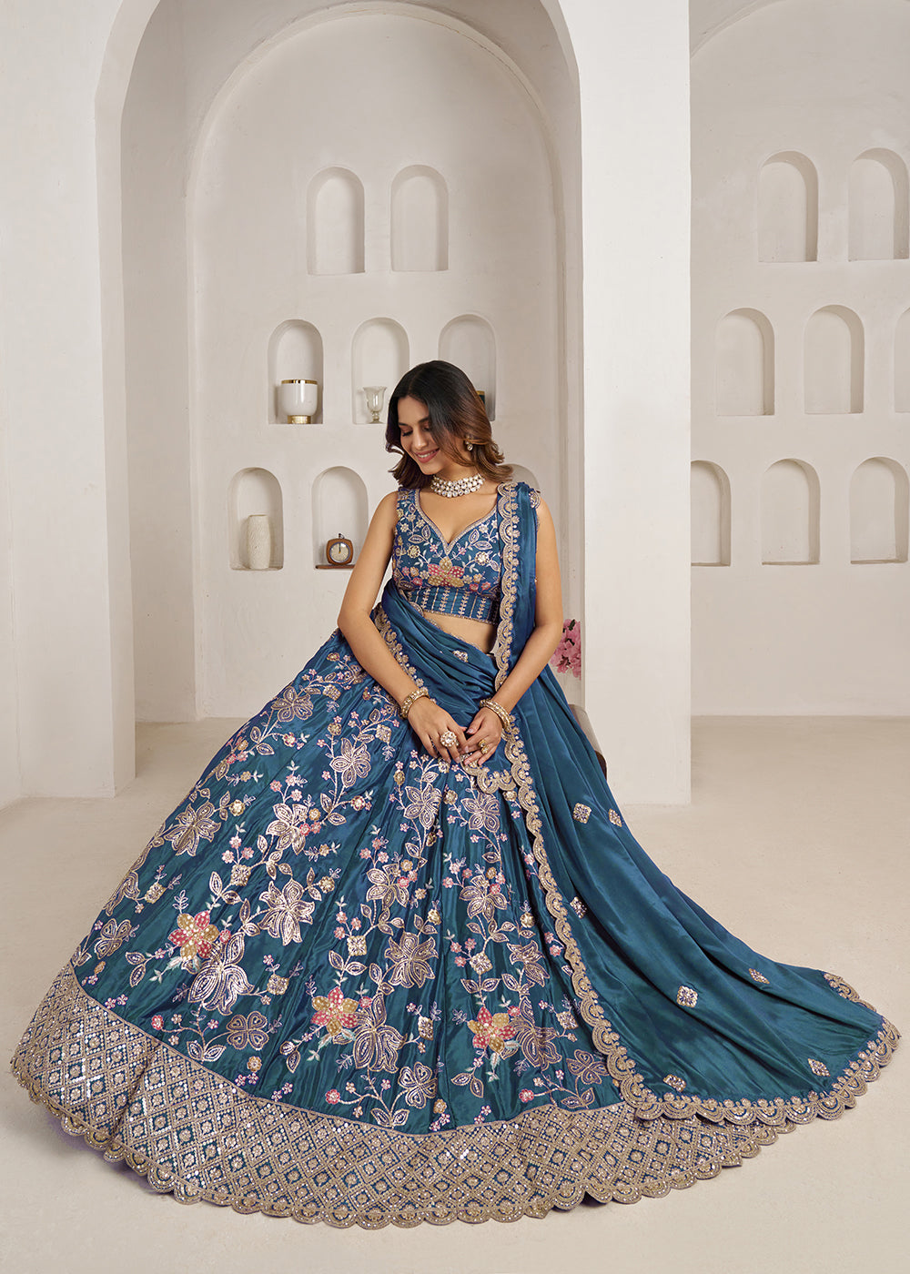 Buy Now Stylish Blue Lehenga Choli with Rich Golden Floral Craftsmanship Online in US, UK, Canada, France, Italy, Greece, Sweden, UAE &amp; Worldwide at Empress.