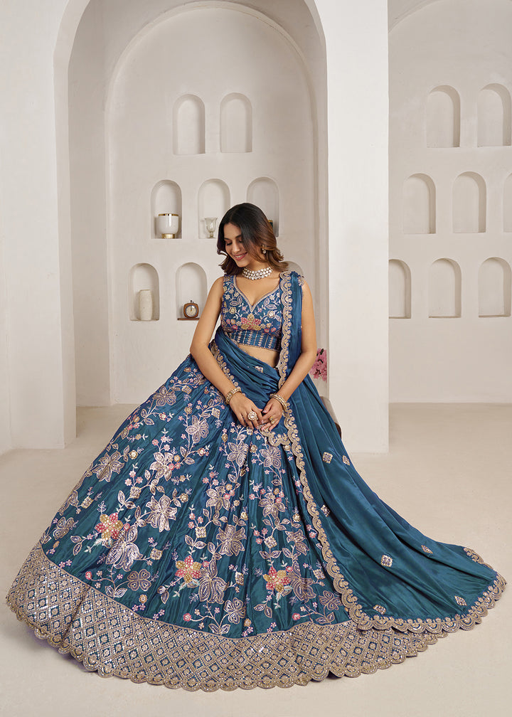 Buy Now Stylish Blue Lehenga Choli with Rich Golden Floral Craftsmanship Online in US, UK, Canada, France, Italy, Greece, Sweden, UAE &amp; Worldwide at Empress.