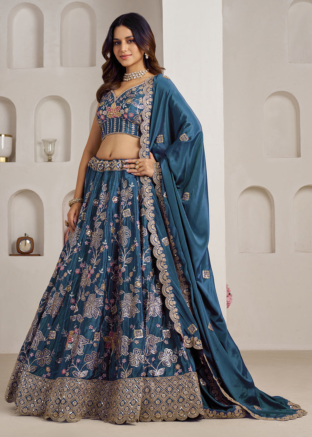 Buy Now Stylish Blue Lehenga Choli with Rich Golden Floral Craftsmanship Online in US, UK, Canada, France, Italy, Greece, Sweden, UAE &amp; Worldwide at Empress.