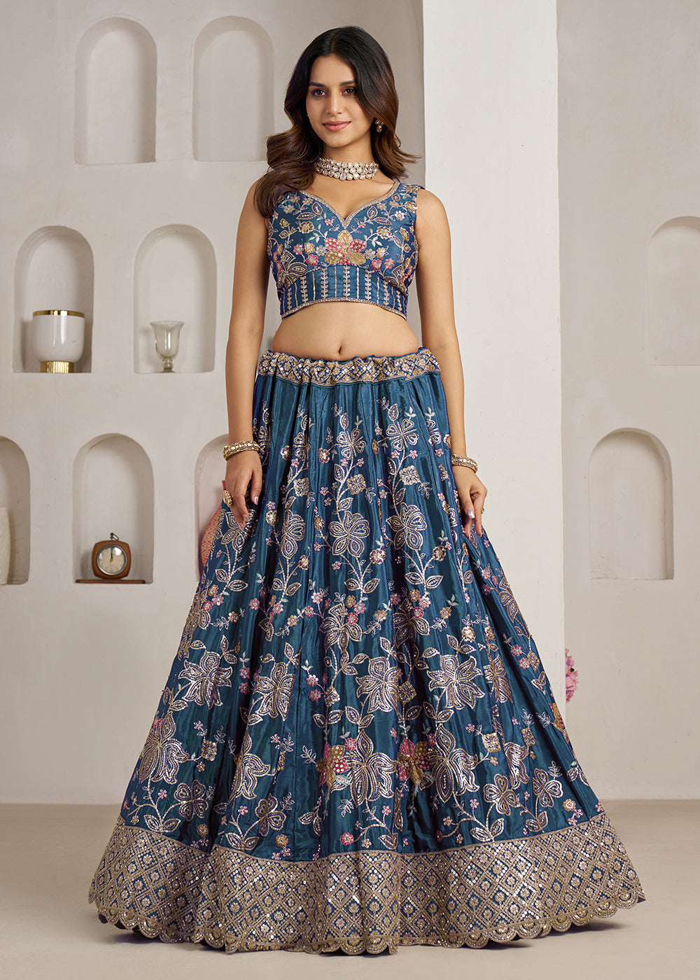 Buy Now Stylish Blue Lehenga Choli with Rich Golden Floral Craftsmanship Online in US, UK, Canada, France, Italy, Greece, Sweden, UAE &amp; Worldwide at Empress.