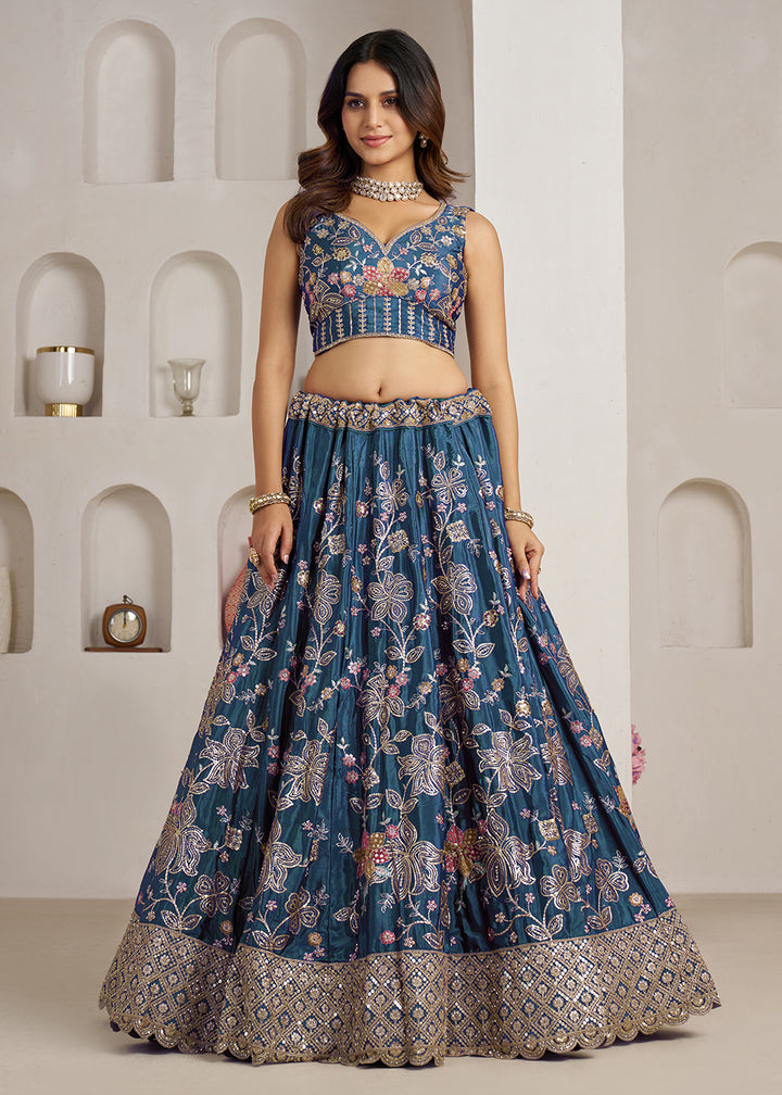 Buy Now Stylish Blue Lehenga Choli with Rich Golden Floral Craftsmanship Online in US, UK, Canada, France, Italy, Greece, Sweden, UAE &amp; Worldwide at Empress.