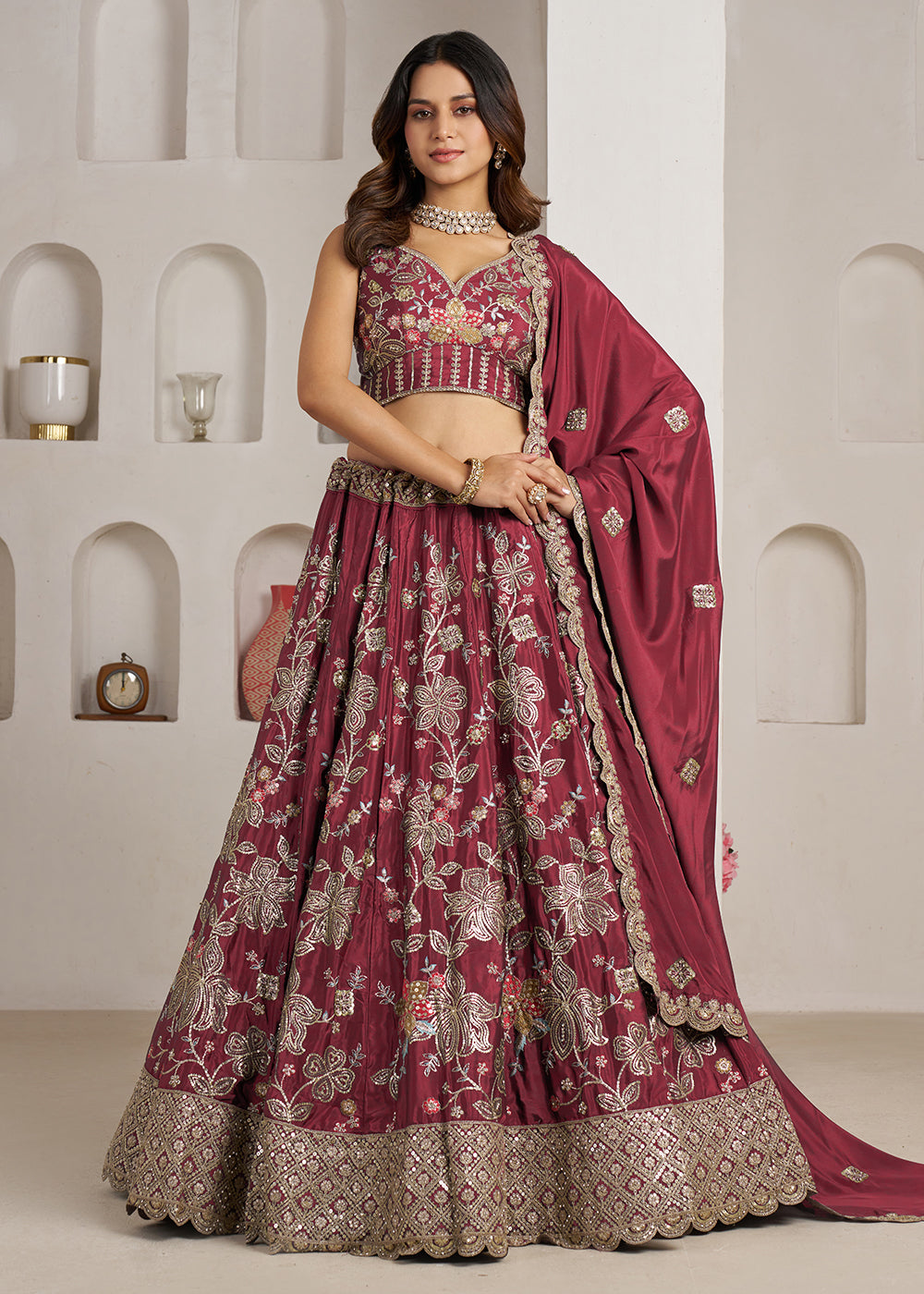 Buy Now Stylish Maroon Lehenga Choli with Rich Golden Floral Craftsmanship Online in US, UK, Canada, France, Italy, Greece, Sweden, UAE & Worldwide at Empress.