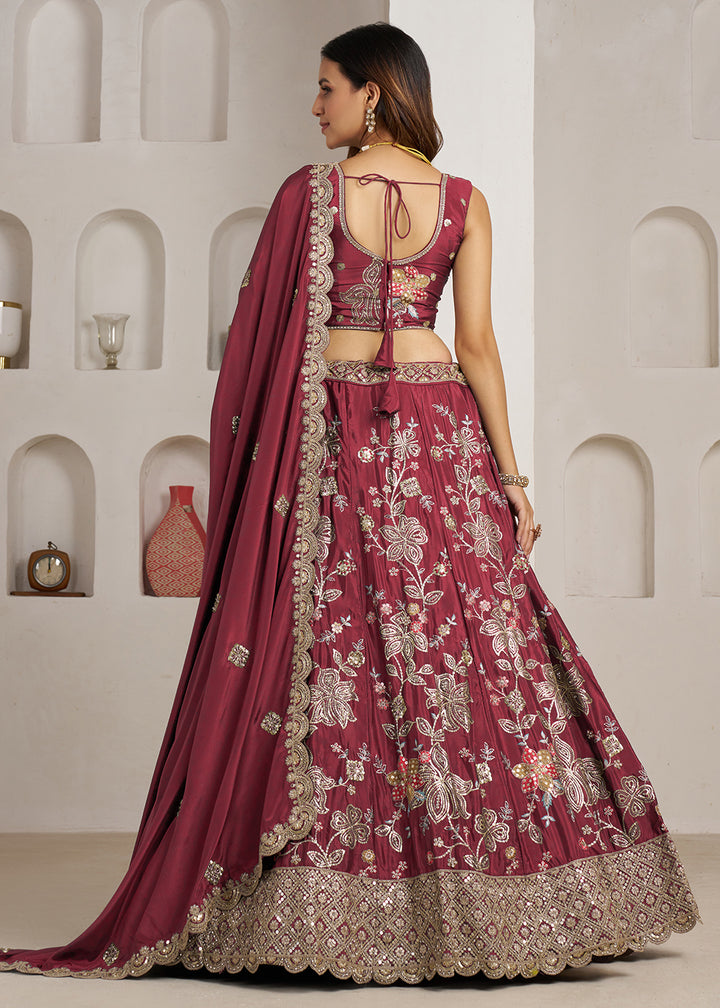 Buy Now Stylish Maroon Lehenga Choli with Rich Golden Floral Craftsmanship Online in US, UK, Canada, France, Italy, Greece, Sweden, UAE &amp; Worldwide at Empress.