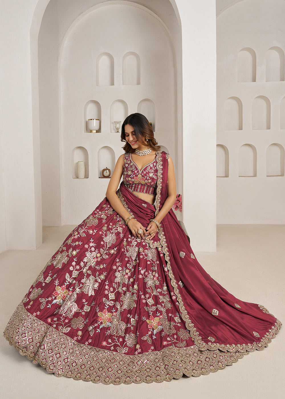 Buy Now Stylish Maroon Lehenga Choli with Rich Golden Floral Craftsmanship Online in US, UK, Canada, France, Italy, Greece, Sweden, UAE &amp; Worldwide at Empress.