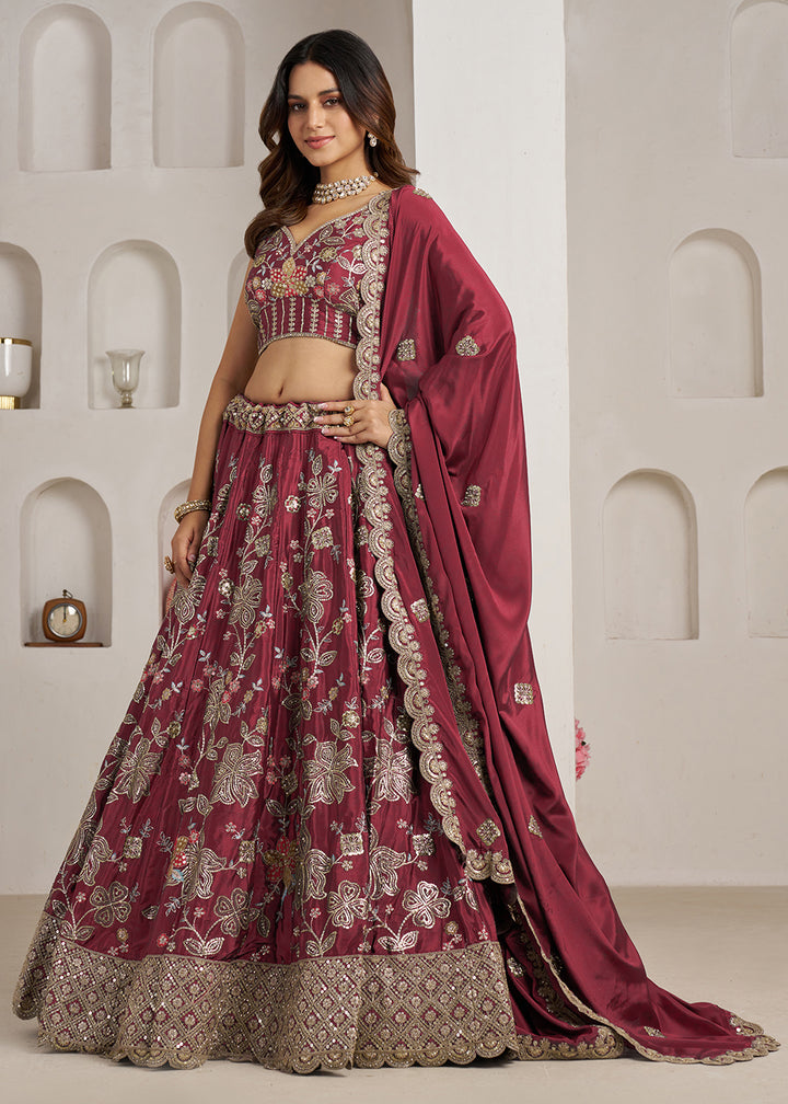 Buy Now Stylish Maroon Lehenga Choli with Rich Golden Floral Craftsmanship Online in US, UK, Canada, France, Italy, Greece, Sweden, UAE &amp; Worldwide at Empress.