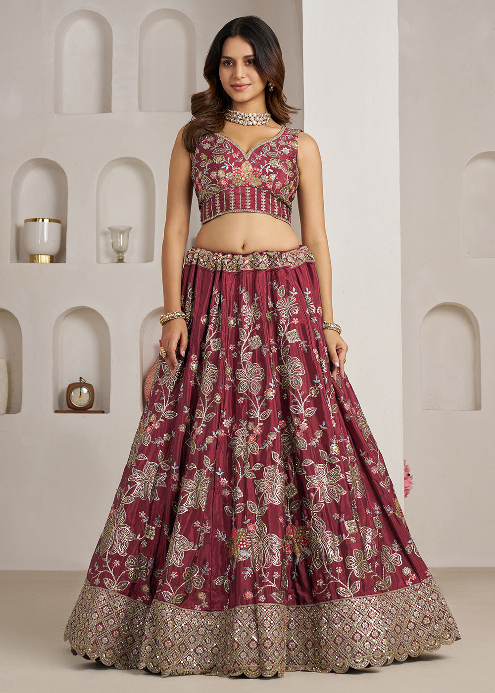 Buy Now Stylish Maroon Lehenga Choli with Rich Golden Floral Craftsmanship Online in US, UK, Canada, France, Italy, Greece, Sweden, UAE &amp; Worldwide at Empress.