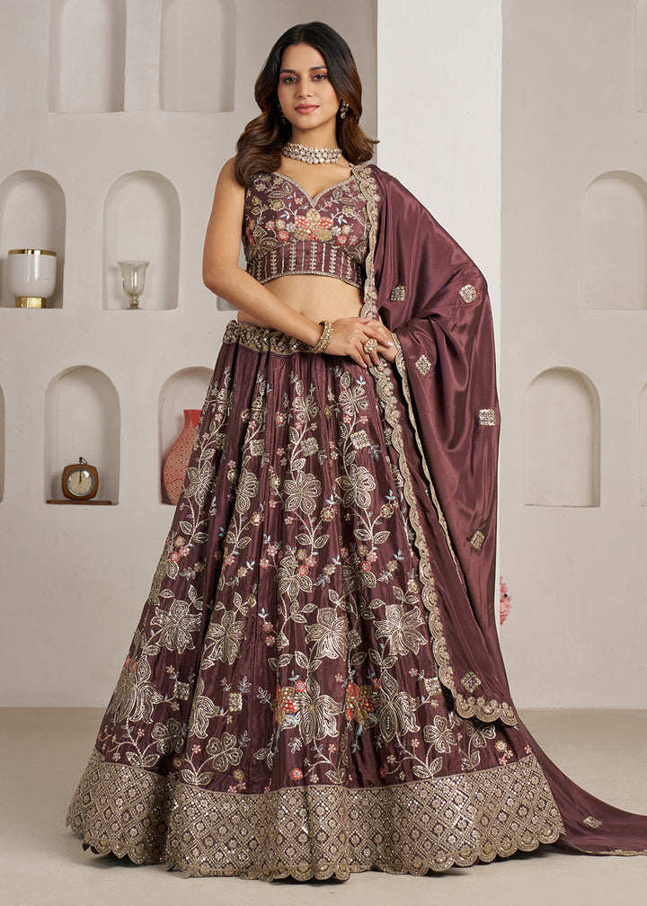 Buy Now Stylish Onion Lehenga Choli with Rich Golden Floral Craftsmanship Online in US, UK, Canada, France, Italy, Greece, Sweden, UAE &amp; Worldwide at Empress.