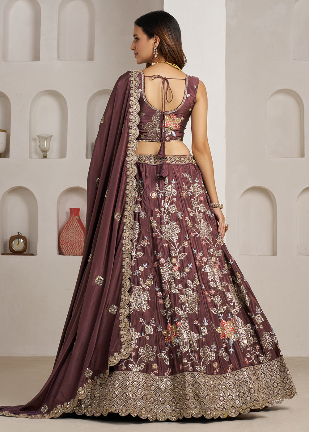 Buy Now Stylish Onion Lehenga Choli with Rich Golden Floral Craftsmanship Online in US, UK, Canada, France, Italy, Greece, Sweden, UAE &amp; Worldwide at Empress.