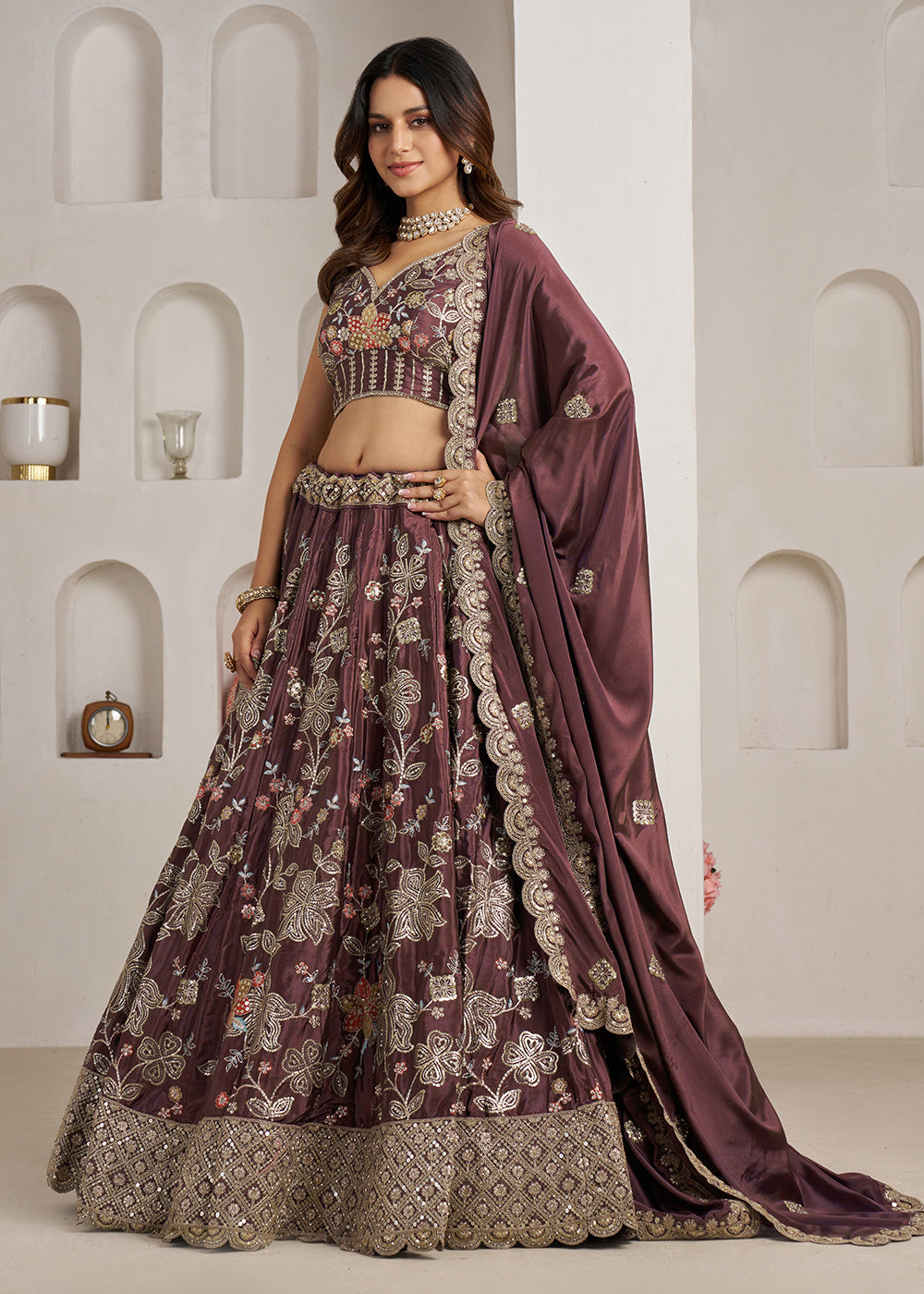 Buy Now Stylish Onion Lehenga Choli with Rich Golden Floral Craftsmanship Online in US, UK, Canada, France, Italy, Greece, Sweden, UAE &amp; Worldwide at Empress.