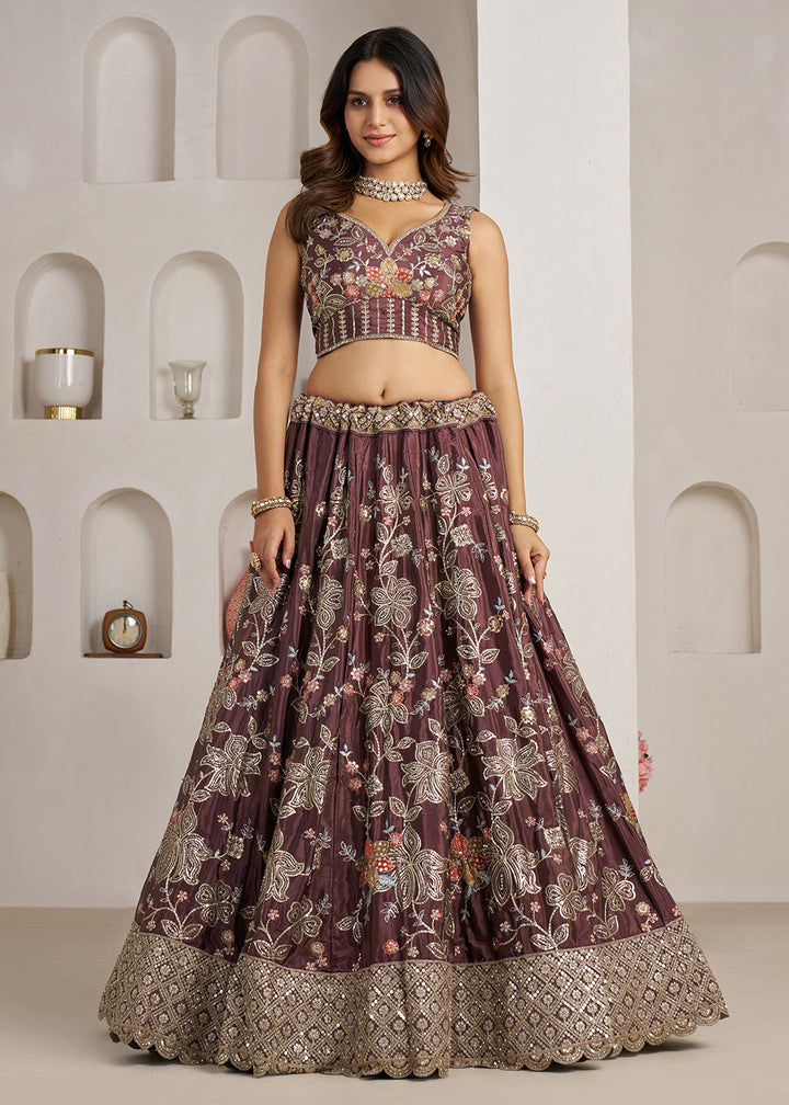 Buy Now Stylish Onion Lehenga Choli with Rich Golden Floral Craftsmanship Online in US, UK, Canada, France, Italy, Greece, Sweden, UAE &amp; Worldwide at Empress.