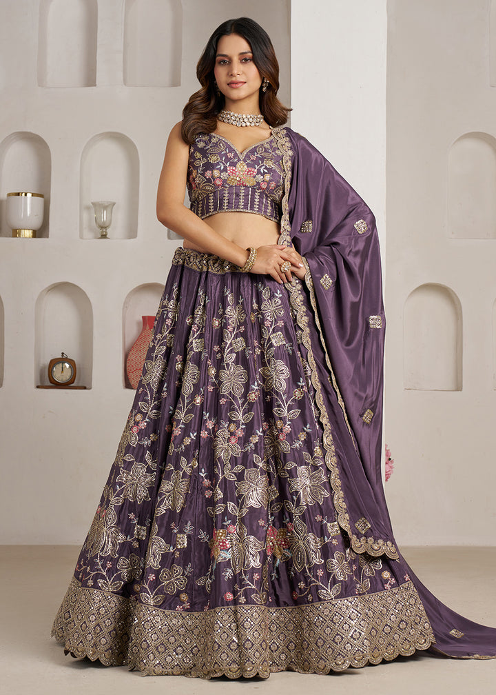 Buy Now Stylish Purple Lehenga Choli with Rich Golden Floral Craftsmanship Online in US, UK, Canada, France, Italy, Greece, Sweden, UAE &amp; Worldwide at Empress.