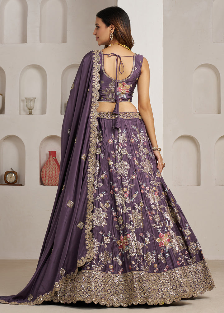 Buy Now Stylish Purple Lehenga Choli with Rich Golden Floral Craftsmanship Online in US, UK, Canada, France, Italy, Greece, Sweden, UAE &amp; Worldwide at Empress.