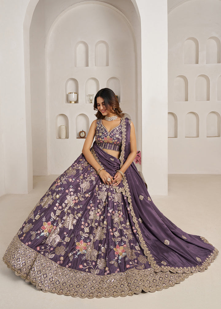 Buy Now Stylish Purple Lehenga Choli with Rich Golden Floral Craftsmanship Online in US, UK, Canada, France, Italy, Greece, Sweden, UAE &amp; Worldwide at Empress.