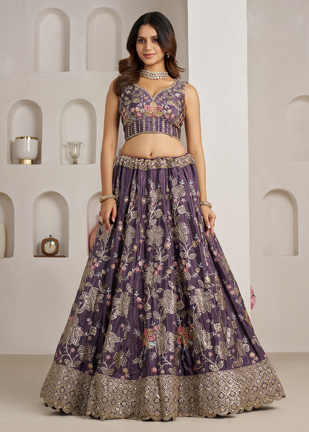 Buy Now Stylish Purple Lehenga Choli with Rich Golden Floral Craftsmanship Online in US, UK, Canada, France, Italy, Greece, Sweden, UAE &amp; Worldwide at Empress.