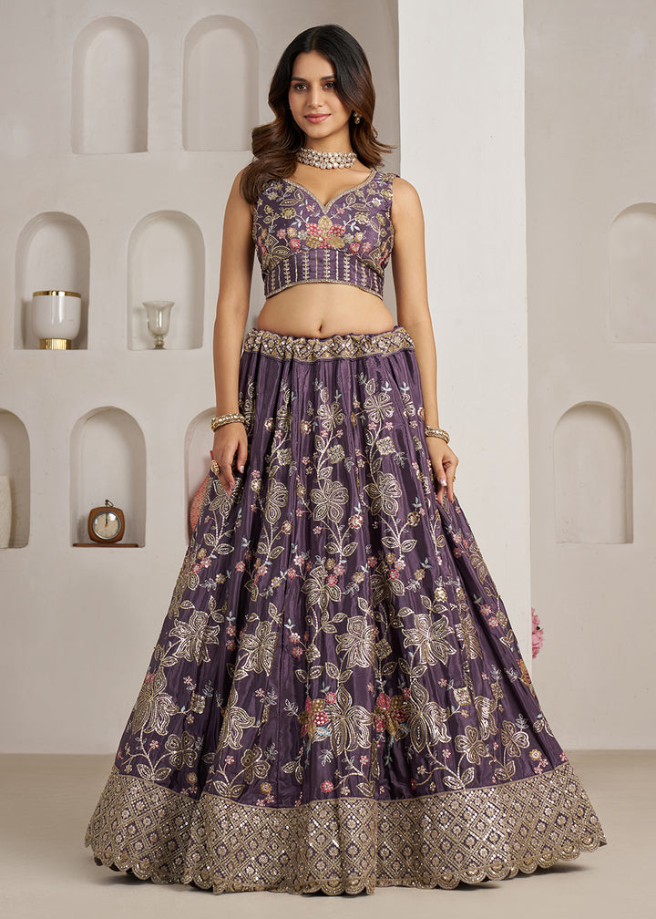 Buy Now Stylish Purple Lehenga Choli with Rich Golden Floral Craftsmanship Online in US, UK, Canada, France, Italy, Greece, Sweden, UAE &amp; Worldwide at Empress.