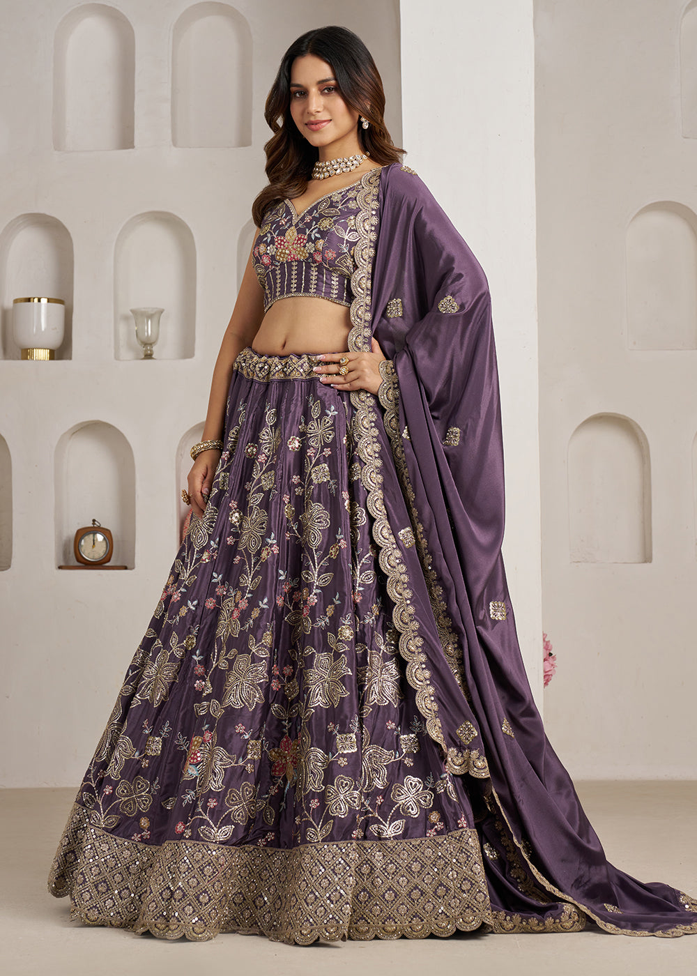 Buy Now Stylish Purple Lehenga Choli with Rich Golden Floral Craftsmanship Online in US, UK, Canada, France, Italy, Greece, Sweden, UAE &amp; Worldwide at Empress.