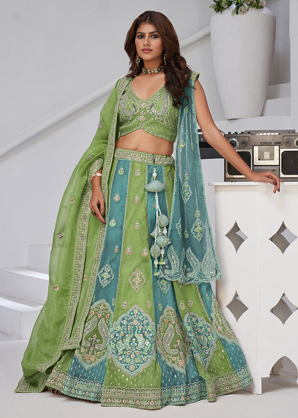 Buy Now Green & Blue Georgette Tissue Wedding Lehenga Choli Online in US, UK, Canada, France, Germany, Sweden, Denmark, Greece, Ireland & Worldwide at Empress.