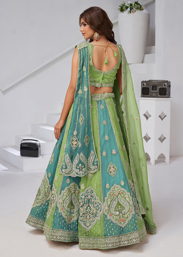 Buy Now Green & Blue Georgette Tissue Wedding Lehenga Choli Online in US, UK, Canada, France, Germany, Sweden, Denmark, Greece, Ireland & Worldwide at Empress.