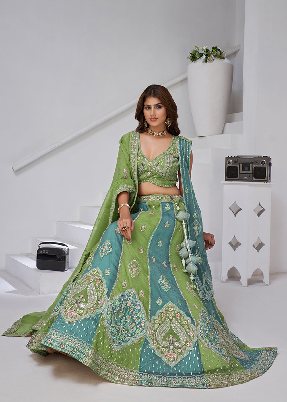 Buy Now Green & Blue Georgette Tissue Wedding Lehenga Choli Online in US, UK, Canada, France, Germany, Sweden, Denmark, Greece, Ireland & Worldwide at Empress.