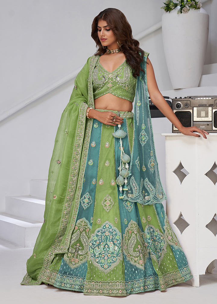 Buy Now Green & Blue Georgette Tissue Wedding Lehenga Choli Online in US, UK, Canada, France, Germany, Sweden, Denmark, Greece, Ireland & Worldwide at Empress.