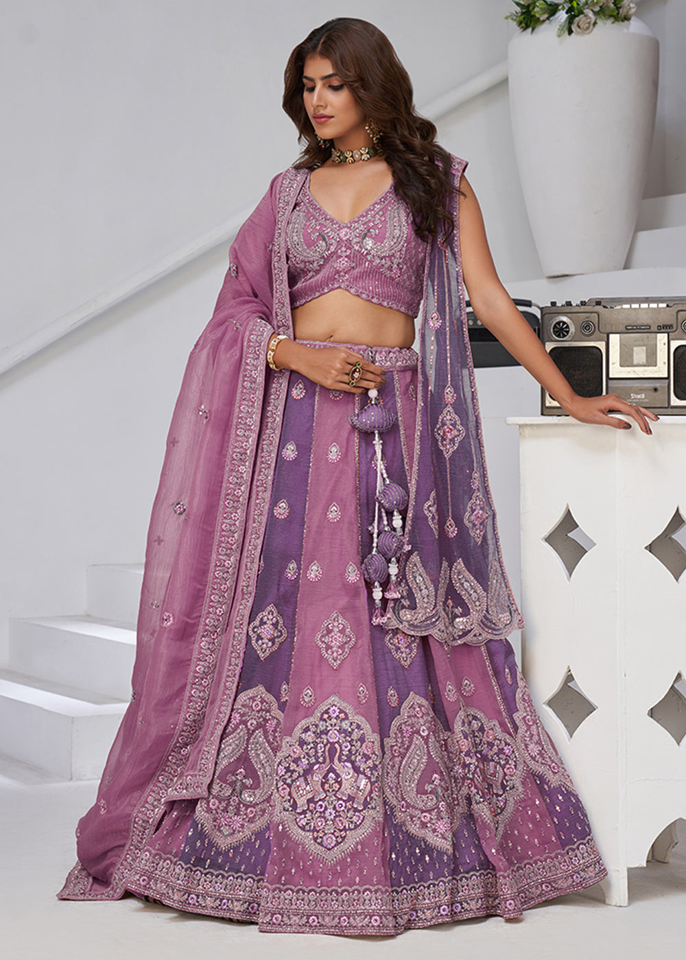 Buy Now Purple Georgette Tissue Wedding Lehenga Choli Online in US, UK, Canada, France, Germany, Sweden, Denmark, Greece, Ireland & Worldwide at Empress.