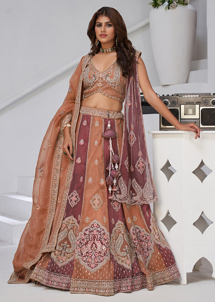 Buy Now Rust & Pink Georgette Tissue Wedding Lehenga Choli Online in US, UK, Canada, France, Germany, Sweden, Denmark, Greece, Ireland & Worldwide at Empress.
