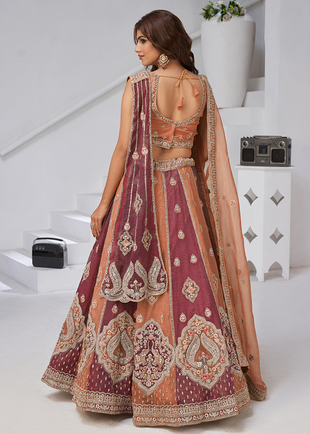 Buy Now Rust & Pink Georgette Tissue Wedding Lehenga Choli Online in US, UK, Canada, France, Germany, Sweden, Denmark, Greece, Ireland & Worldwide at Empress.
