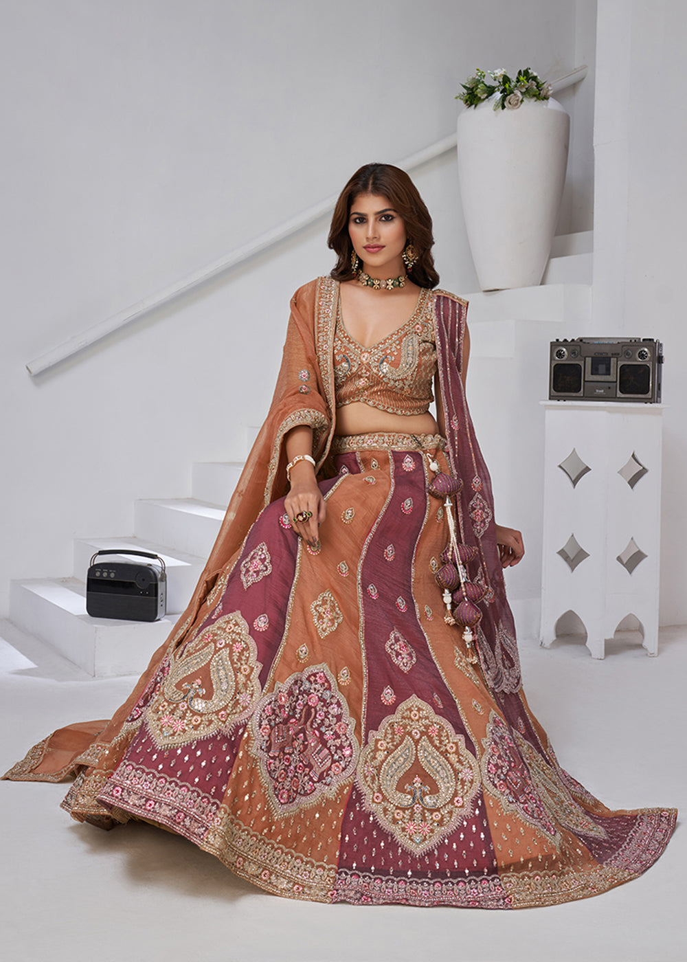 Buy Now Rust & Pink Georgette Tissue Wedding Lehenga Choli Online in US, UK, Canada, France, Germany, Sweden, Denmark, Greece, Ireland & Worldwide at Empress.