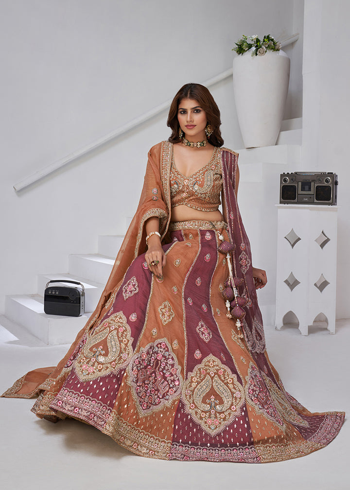 Buy Now Rust & Pink Georgette Tissue Wedding Lehenga Choli Online in US, UK, Canada, France, Germany, Sweden, Denmark, Greece, Ireland & Worldwide at Empress.