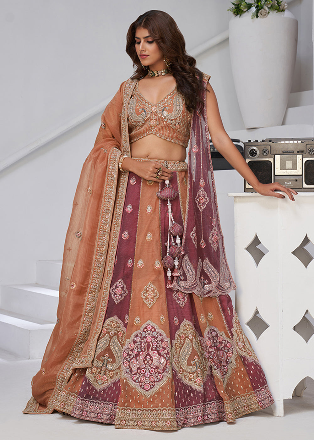 Buy Now Rust & Pink Georgette Tissue Wedding Lehenga Choli Online in US, UK, Canada, France, Germany, Sweden, Denmark, Greece, Ireland & Worldwide at Empress.