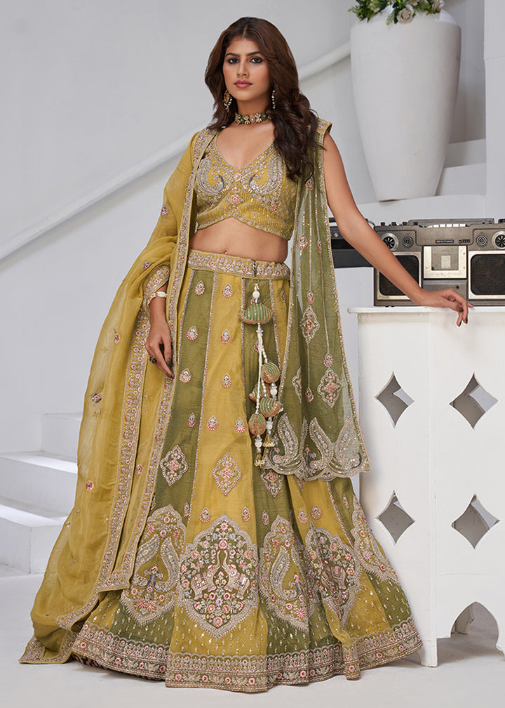 Buy Now Green & Yellow Georgette Tissue Wedding Lehenga Choli Online in US, UK, Canada, France, Germany, Sweden, Denmark, Greece, Ireland & Worldwide at Empress.