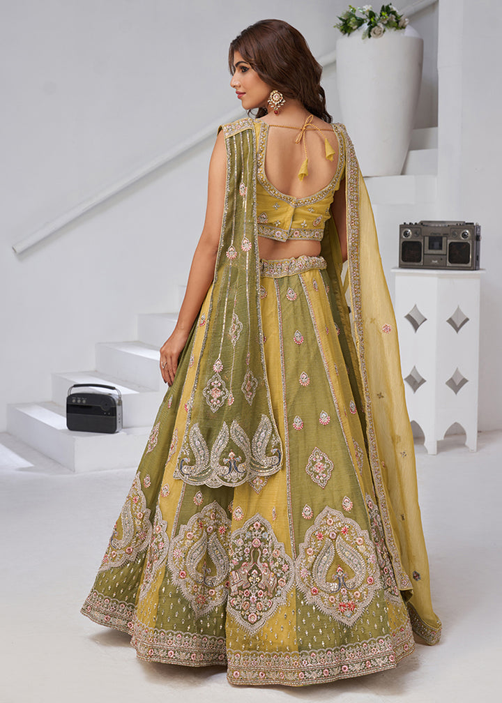 Buy Now Green & Yellow Georgette Tissue Wedding Lehenga Choli Online in US, UK, Canada, France, Germany, Sweden, Denmark, Greece, Ireland & Worldwide at Empress.