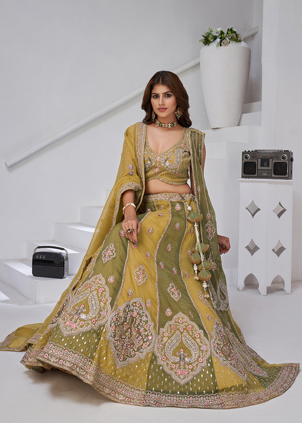Buy Now Green & Yellow Georgette Tissue Wedding Lehenga Choli Online in US, UK, Canada, France, Germany, Sweden, Denmark, Greece, Ireland & Worldwide at Empress.