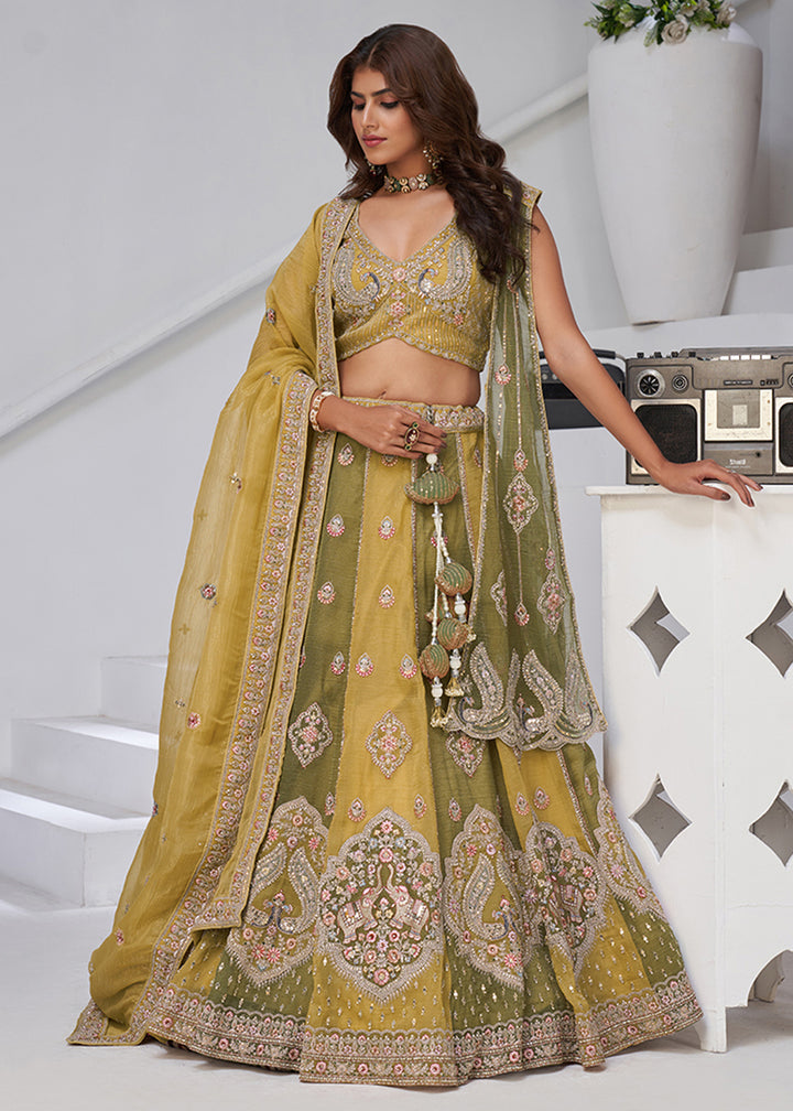Buy Now Green & Yellow Georgette Tissue Wedding Lehenga Choli Online in US, UK, Canada, France, Germany, Sweden, Denmark, Greece, Ireland & Worldwide at Empress.