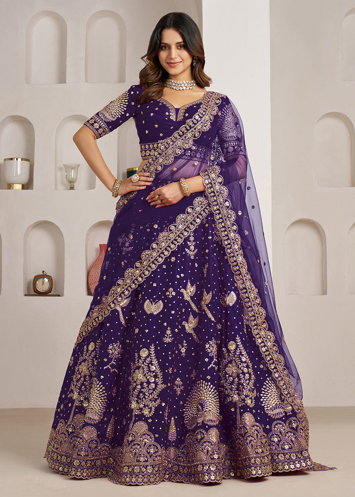 Buy Now Bridal Couture Purple Lehenga with Royal Floral Embroidery Online in US, UK, Canada, France, Italy, Greece, Sweden, UAE, Denmark &amp; Worldwide at Empress.