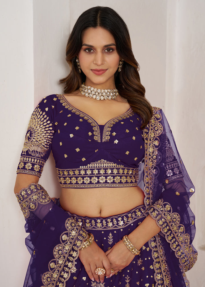 Buy Now Bridal Couture Purple Lehenga with Royal Floral Embroidery Online in US, UK, Canada, France, Italy, Greece, Sweden, UAE, Denmark &amp; Worldwide at Empress.