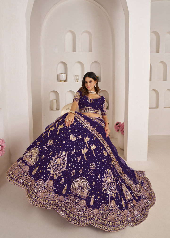 Buy Now Bridal Couture Purple Lehenga with Royal Floral Embroidery Online in US, UK, Canada, France, Italy, Greece, Sweden, UAE, Denmark &amp; Worldwide at Empress.