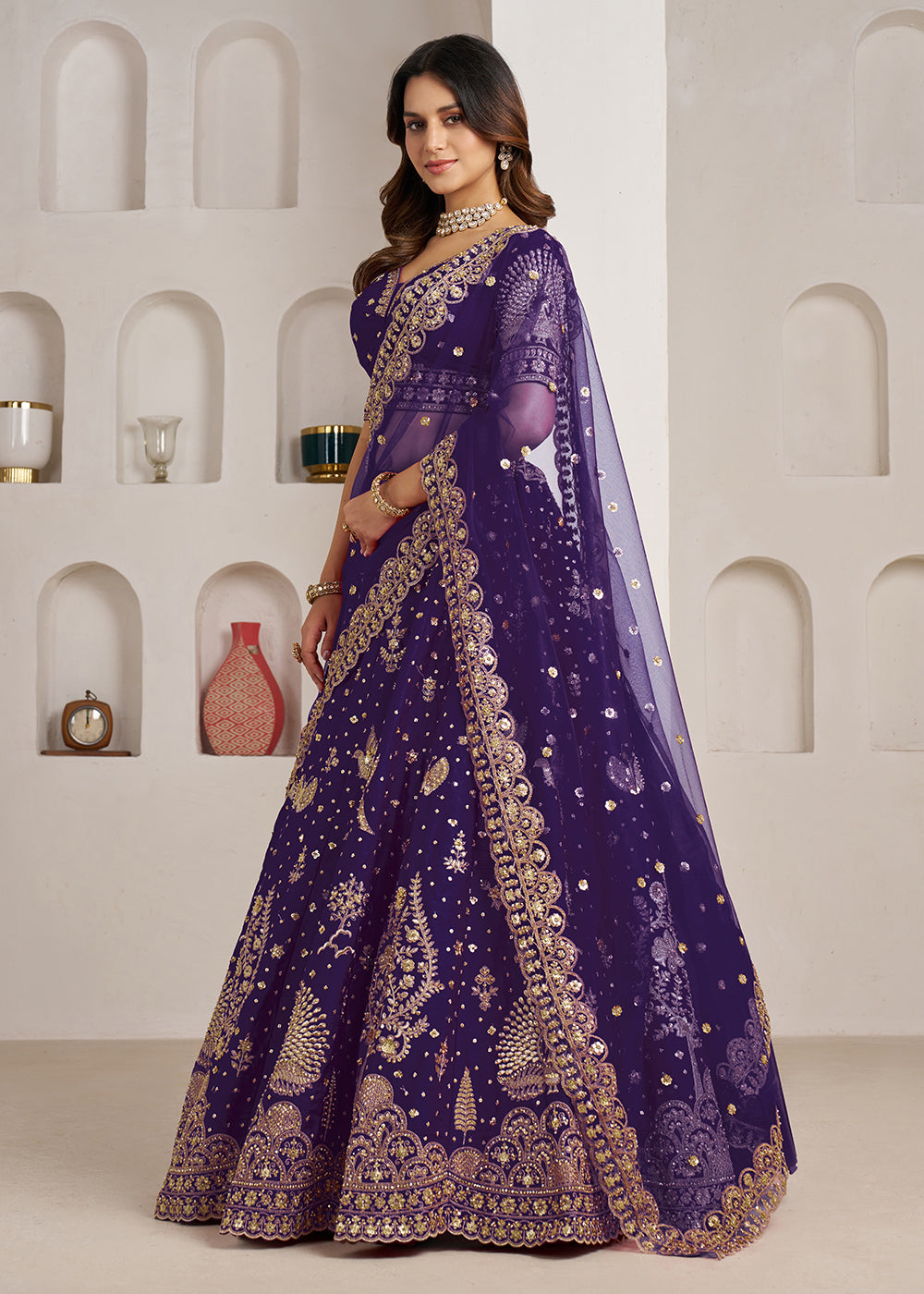 Buy Now Bridal Couture Purple Lehenga with Royal Floral Embroidery Online in US, UK, Canada, France, Italy, Greece, Sweden, UAE, Denmark &amp; Worldwide at Empress.