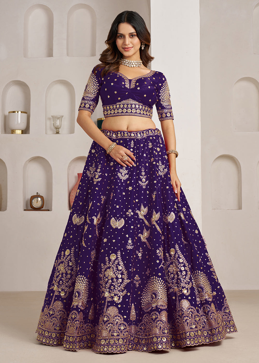 Buy Now Bridal Couture Purple Lehenga with Royal Floral Embroidery Online in US, UK, Canada, France, Italy, Greece, Sweden, UAE, Denmark &amp; Worldwide at Empress.
