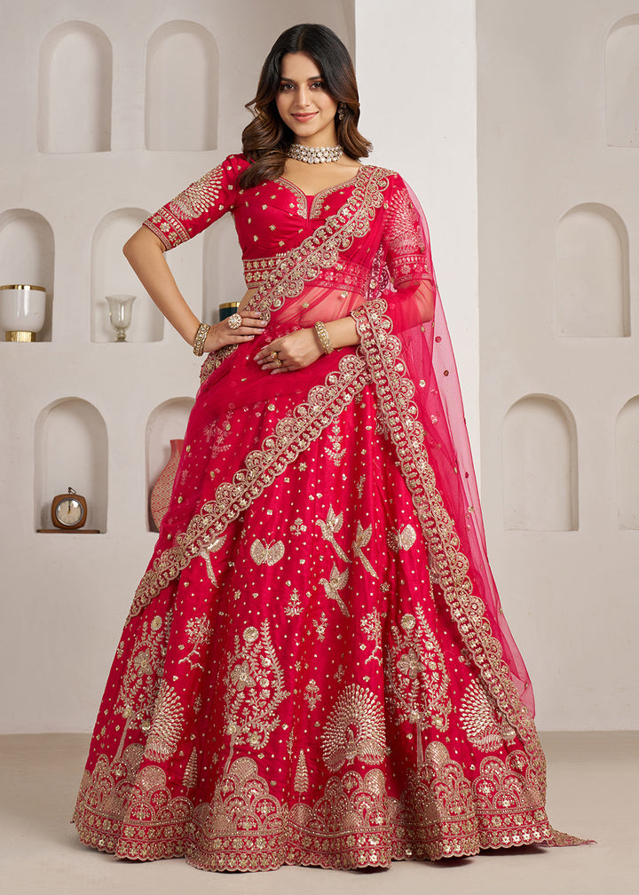 Buy Now Bridal Couture Rani Lehenga with Royal Floral Embroidery Online in US, UK, Canada, France, Italy, Greece, Sweden, UAE, Denmark &amp; Worldwide at Empress.