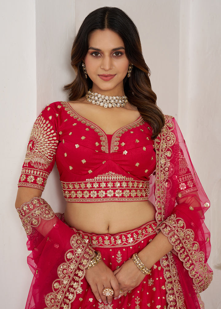 Buy Now Bridal Couture Rani Lehenga with Royal Floral Embroidery Online in US, UK, Canada, France, Italy, Greece, Sweden, UAE, Denmark &amp; Worldwide at Empress.
