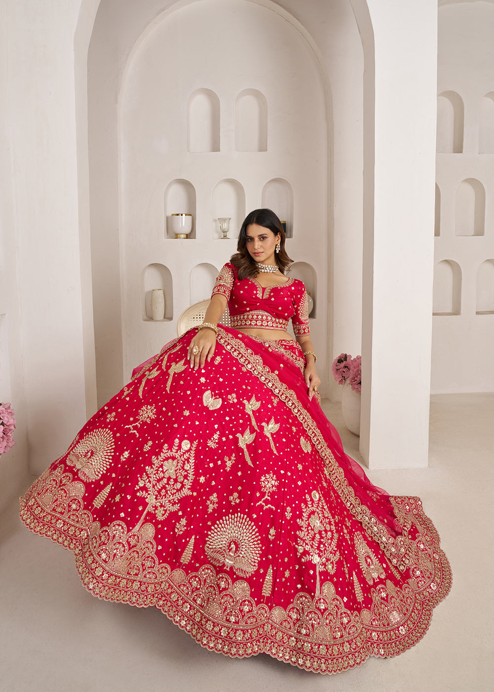 Buy Now Bridal Couture Rani Lehenga with Royal Floral Embroidery Online in US, UK, Canada, France, Italy, Greece, Sweden, UAE, Denmark &amp; Worldwide at Empress.