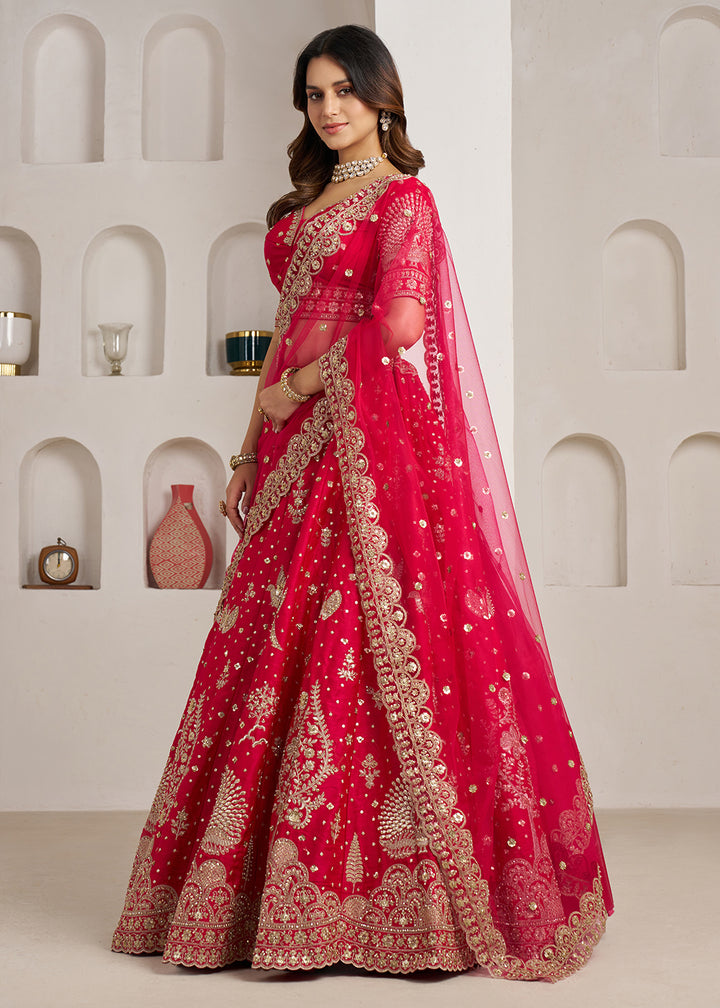 Buy Now Bridal Couture Rani Lehenga with Royal Floral Embroidery Online in US, UK, Canada, France, Italy, Greece, Sweden, UAE, Denmark &amp; Worldwide at Empress.