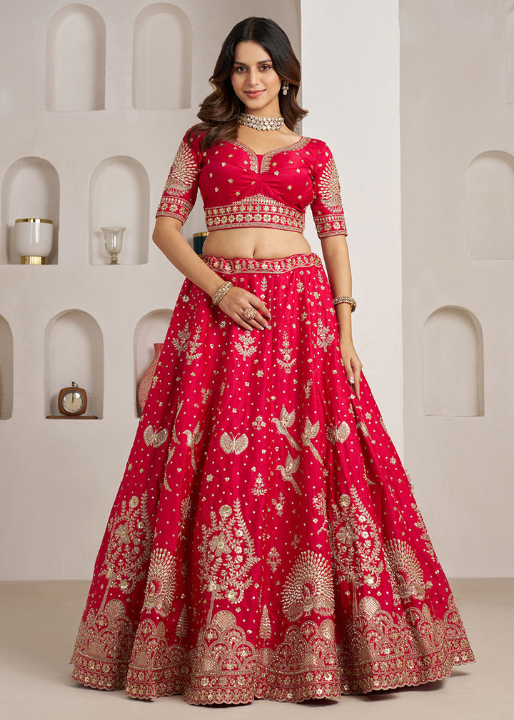 Buy Now Bridal Couture Rani Lehenga with Royal Floral Embroidery Online in US, UK, Canada, France, Italy, Greece, Sweden, UAE, Denmark &amp; Worldwide at Empress.