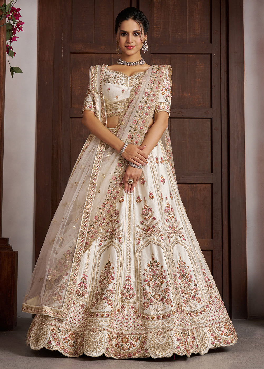 Buy Now Cream bridal Lehenga with Double Dupatta & Multicolor Embroidery Online in US, UK, Canada, France, Italy, Greece, Sweden, UAE & Worldwide at Empress.