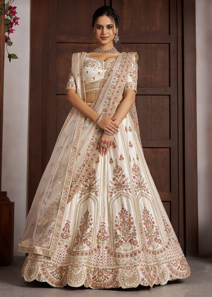 Buy Now Cream bridal Lehenga with Double Dupatta &amp; Multicolor Embroidery Online in US, UK, Canada, France, Italy, Greece, Sweden, UAE &amp; Worldwide at Empress.