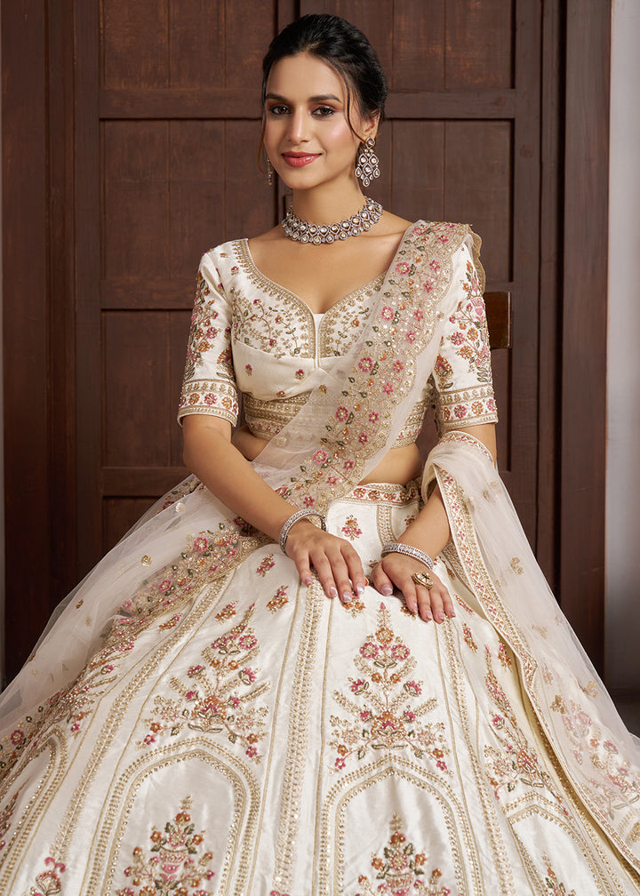 Buy Now Cream bridal Lehenga with Double Dupatta &amp; Multicolor Embroidery Online in US, UK, Canada, France, Italy, Greece, Sweden, UAE &amp; Worldwide at Empress.